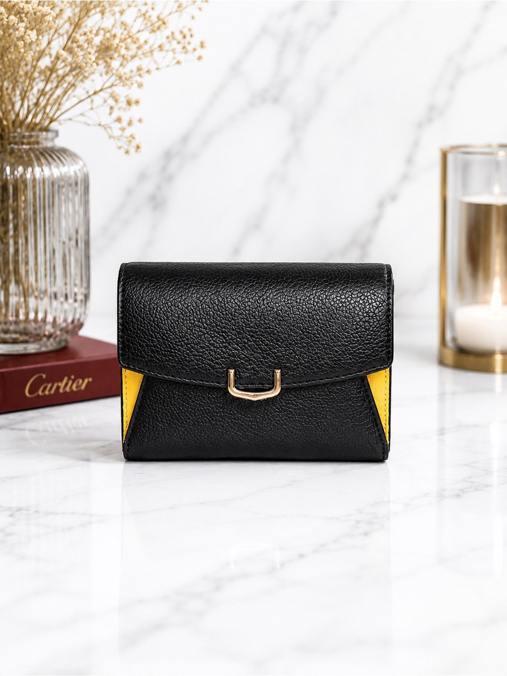 Cartier Compact Bifold Leather Wallet – Black & Yellow Leather